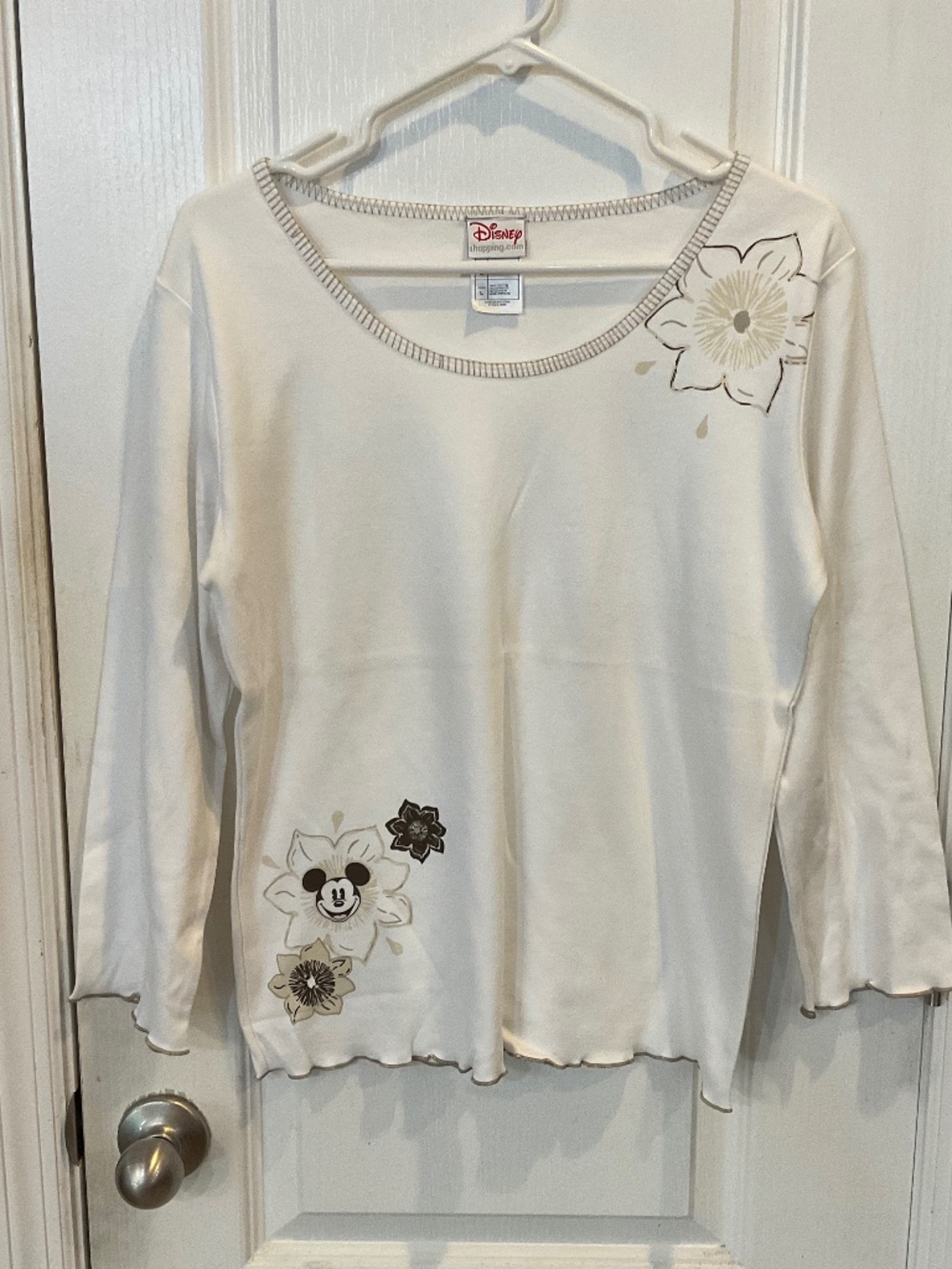 Disney Mickey Mouse Off White Brown Floral 3/4 Sleeve T-Shirt - Large - NWOT
